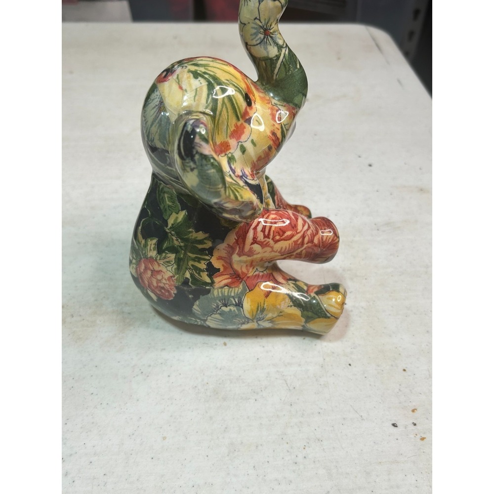 Vintage Decoupage Ceramic Good Luck Elephant Figurine Floral Trunk Up Statue - Picture 4 of 5